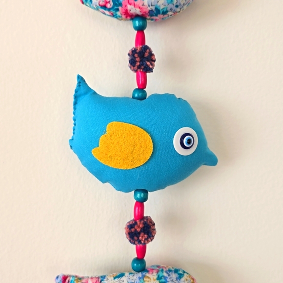 Wall Decorating 3 Colorful Fabric Chickens and Blue Glass Devil eye Handmade - Picture 4 of 9